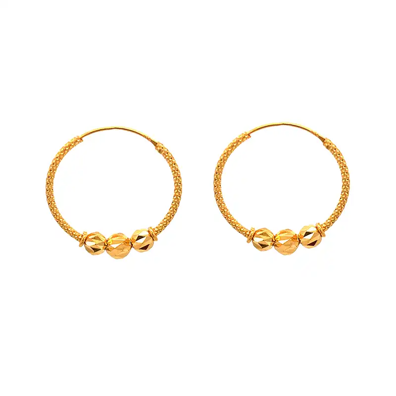 Elegant Three-Bead Gold Hoops - Diameter 25 mm